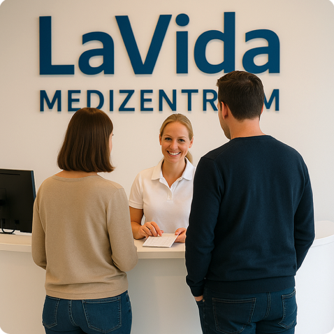 Zwei Besucher stehen mit dem Rücken zum Betrachter an der Rezeption des LaVida Medizentrums, während im Hintergrund der gut sichtbare Schrif
