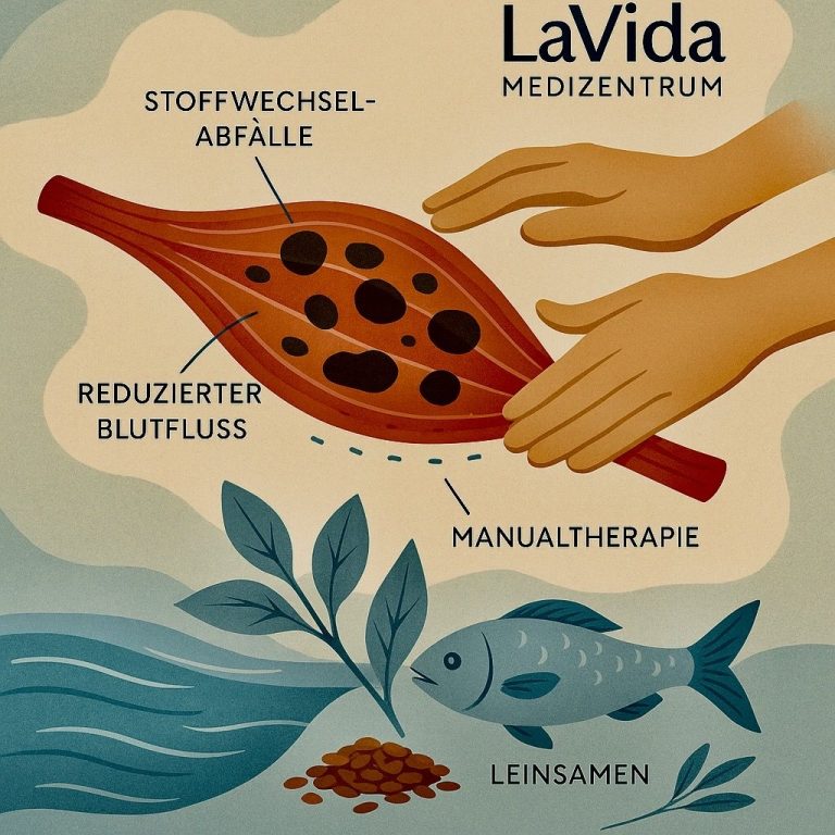 Grafik mit Informationen zu LaVida Medizentrum Kamenz: Therapie, Blutfluss und Stoffwechselabfälle.